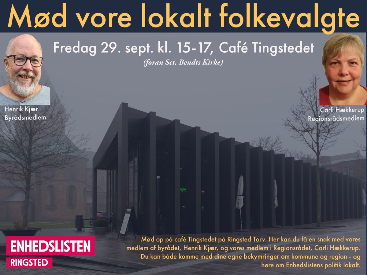 janvja's tweet photo. Mød vore lokale folkevalgte

Mød op på café Tingstedet på Ringsted Torv. Snak med Henrik Kjær, byrådet og Carli Hækkerup, Regionsrådet. Kom med dine bekymringer om kommune og region - og hør om vores politik.

Fredag 29. sept. kl. 15-17
CAFÉ TINGSTEDET (foran Sct. Bendts Kirke) https://t.co/cnp5tbMoOf