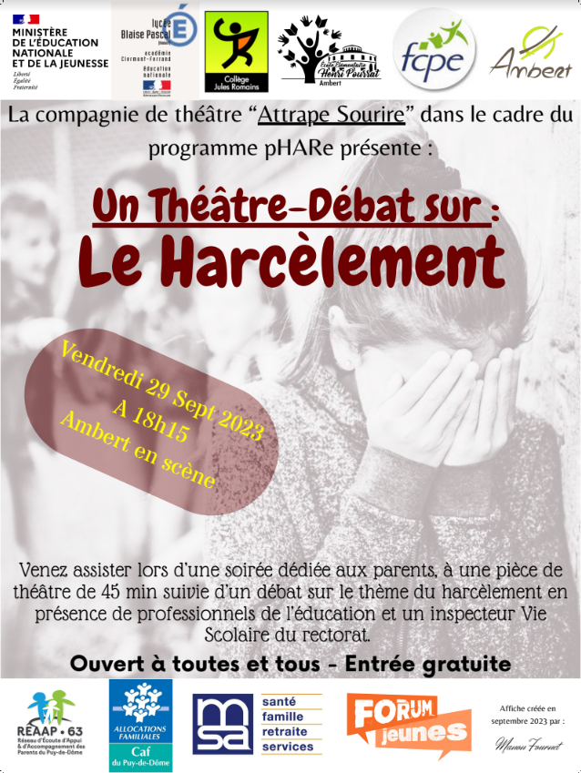 AmbertLocale's tweet photo. 🚨FLASH-INFO🚨
🎭THEATRE DEBAT SUR LE HARCELEMENT🎭
🗓️Vendredi 29 septembre
🕐18h15
📍à Ambert En Scene
OUVERT À TOUTES ET TOUS
ENTRÉE GRATUITE
#harcelement #theatre #débat #eductaion #pourtoi #Jeunesse https://t.co/IAjth71SKC