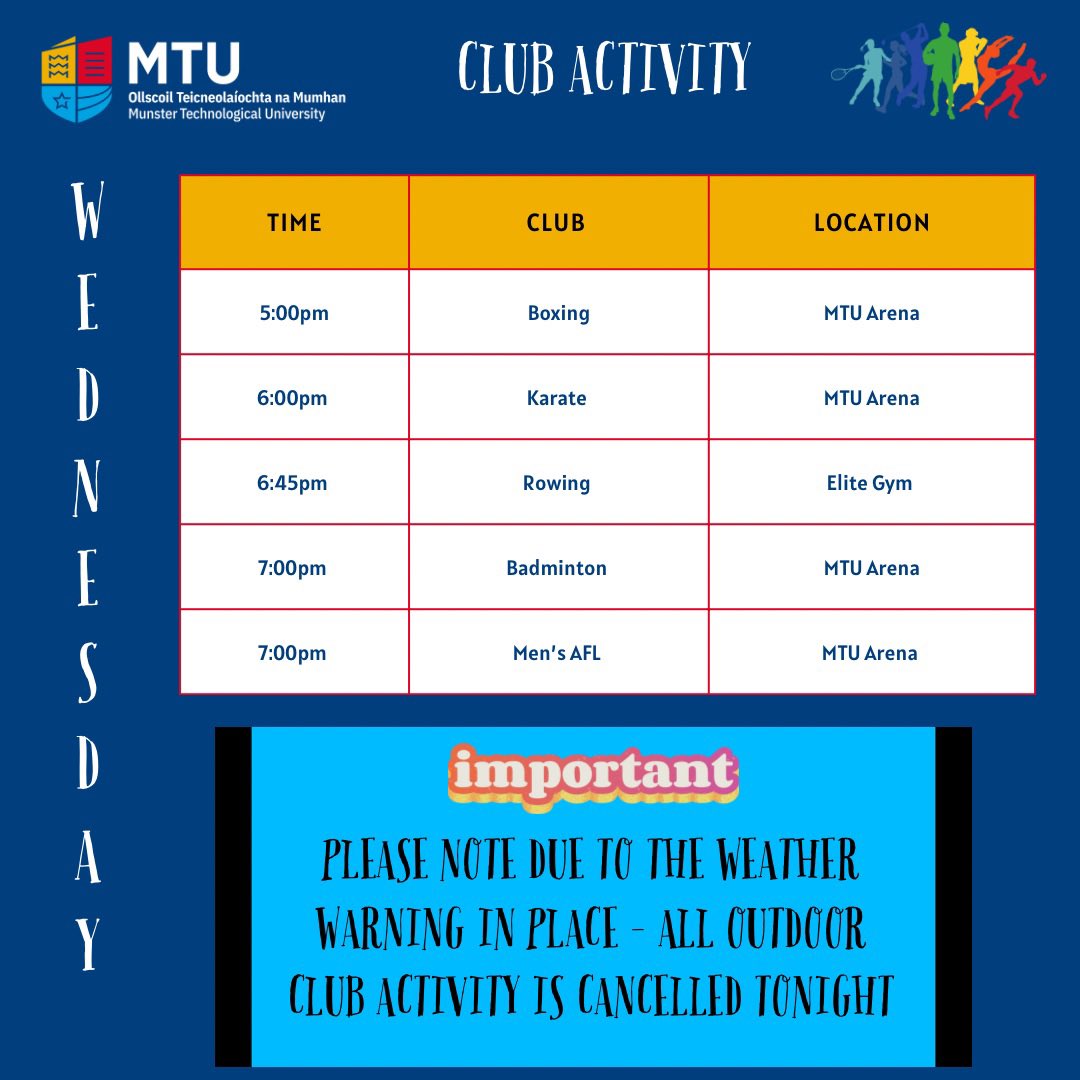 MTUCork_Sports's tweet image. Wednesday Club Activity 🎉 Please note that due to the weather warning in place, all outdoor club activity is cancelled. At the moment indoor club activity is going ahead as normal but if anything changes, we will let you know ASAP #mtusports #dailyschedule #stormagnes