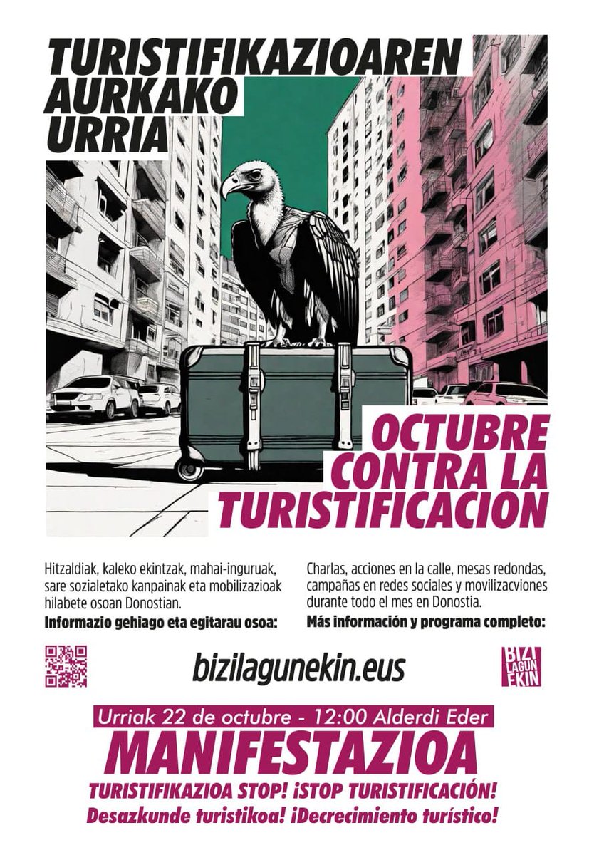 "Turistifikazioaren aurkako urria" antolatu dugu Donostiarentzat desazkunde turistikoaren norabidea aldarrikatzeko
bizilagunekin.eus/eu/urria/

#WorldTourismDay = #CollapseTourismDay #SETnet
#DonostiaEzDagoSalgai #DesazkundeTuristikorantz #TuristifikazioaStop