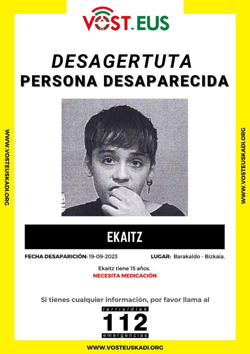 ⚠️ ALERTA MENOR DESAPARECIDO

Ekaitz tiene 15 años y ha desaparecido en #Barakaldo, #Bizkaia. 

Si tienes alguna información, llama al 1-1-2.

#Desagertuta #Desaparecido