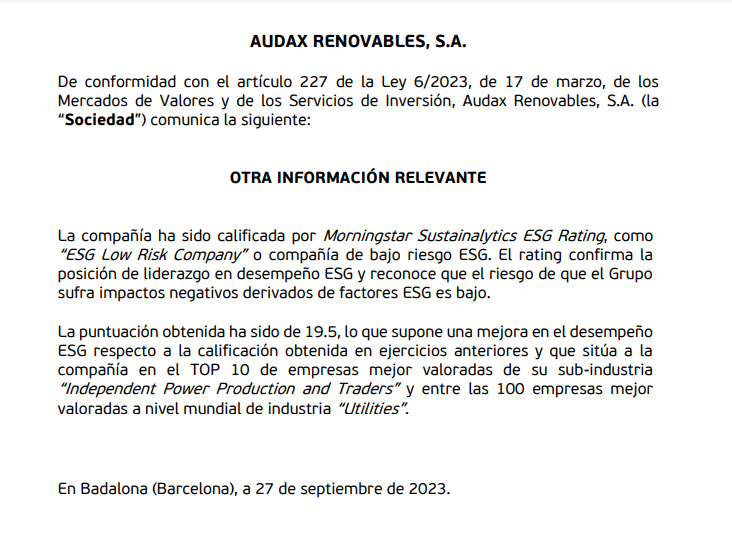 JCPF_Carlos's tweet photo. #AUDAXRENOVABLES #AUDAX #ASDX 

Importantísima noticia que despeja dudas. 

Sobre Gobierno corporativo

La Sociedad ha sido calificada por Morningstar Sustainalytics ESG Rating como compañía de bajo riesgo ESG. https://t.co/sq3c1TGEqi