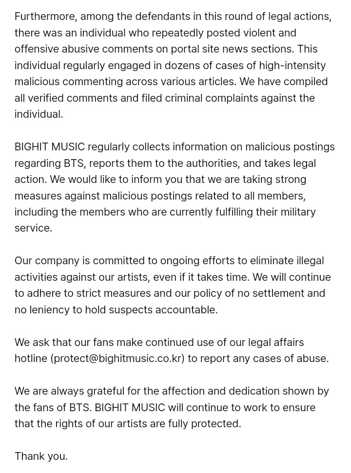 rmbtswd's tweet photo. TRADUCCIÓN DEL COMUNICADO RECIENTE QUE BIGHIT (@BTS_twt)

Hola.
Esta es BIGHIT MUSIC.

Nuestra empresa inicia periódicamente procedimientos legales contra los autores de actividades maliciosas relacionadas con BTS, incluyendo difamación, ataques personales, ++ https://t.co/09KMUEB8Qy