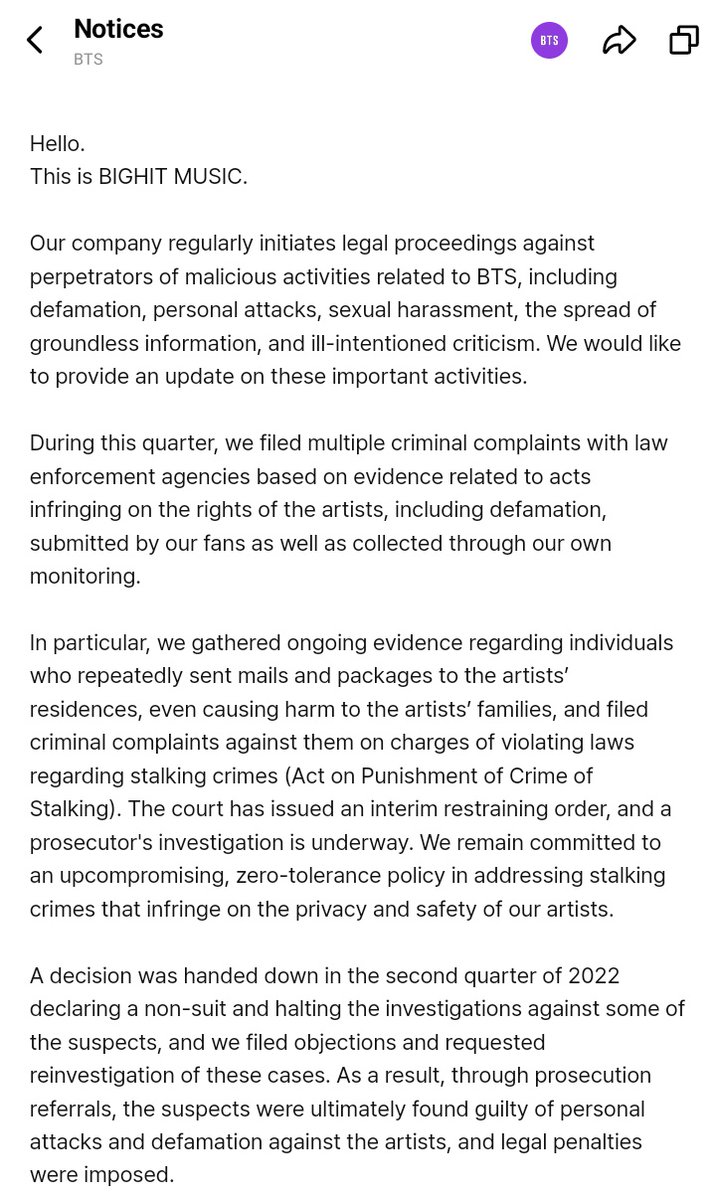 rmbtswd's tweet photo. TRADUCCIÓN DEL COMUNICADO RECIENTE QUE BIGHIT (@BTS_twt)

Hola.
Esta es BIGHIT MUSIC.

Nuestra empresa inicia periódicamente procedimientos legales contra los autores de actividades maliciosas relacionadas con BTS, incluyendo difamación, ataques personales, ++ https://t.co/09KMUEB8Qy
