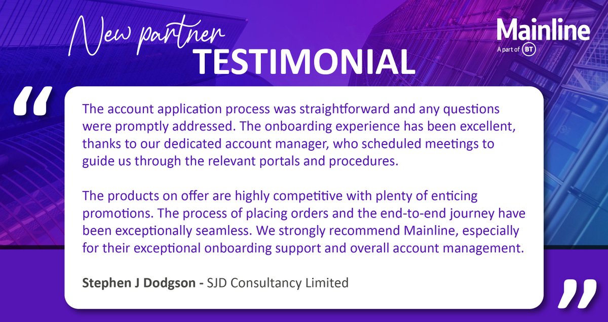 mainlinetalk's tweet photo. What an outstanding testimonial from one of our newest partners, SJD Consultancy Ltd.

At  Mainline, we have always strived for excellence, not only in the products and services we offer but also in the partnerships we form.

#newpartnertestimonial #mainlinepartnership https://t.co/I2K7fIYPM6