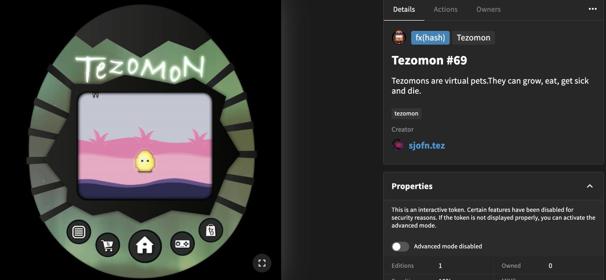 Jumped out of bed to mint Tezoman #69 👾 created by: <a href="/SjofnCrash/">Sjofn</a> 

Tezomons are virtual pets. They can grow, eat, get sick and die.

Great find <a href="/TocoDeco/">Toco Deco</a> 🔥

Mint: fxhash.xyz/generative/slu…
Price: 3xtz
Supply: 300
