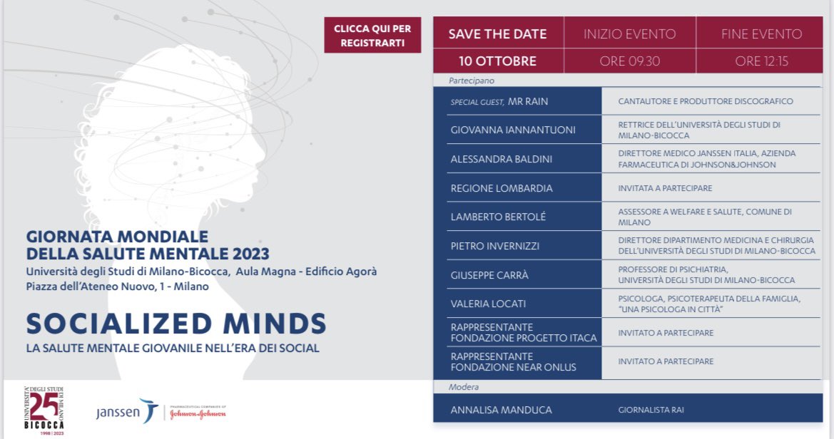 UNIMIB Psychiatry - Milano Lab (@unimib_psychiat) on Twitter photo ⏰ 10 - 10 - 2023
SAVE THE DATE
@ the lecture hall of the university of Milano Bicocca
Together for mental health world day!
#socializedminds #mentalhealth #specialguest
<a href="/unimib/">Università degli Studi di Milano-Bicocca</a> <a href="/RegLombardia/">Regione Lombardia</a> @JanssenITA ⏰ 10 - 10 - 2023
SAVE THE DATE
@ the lecture hall of the university of Milano Bicocca
Together for mental health world day!
#socializedminds #mentalhealth #specialguest
<a href="/unimib/">Università degli Studi di Milano-Bicocca</a> <a href="/RegLombardia/">Regione Lombardia</a> @JanssenITA