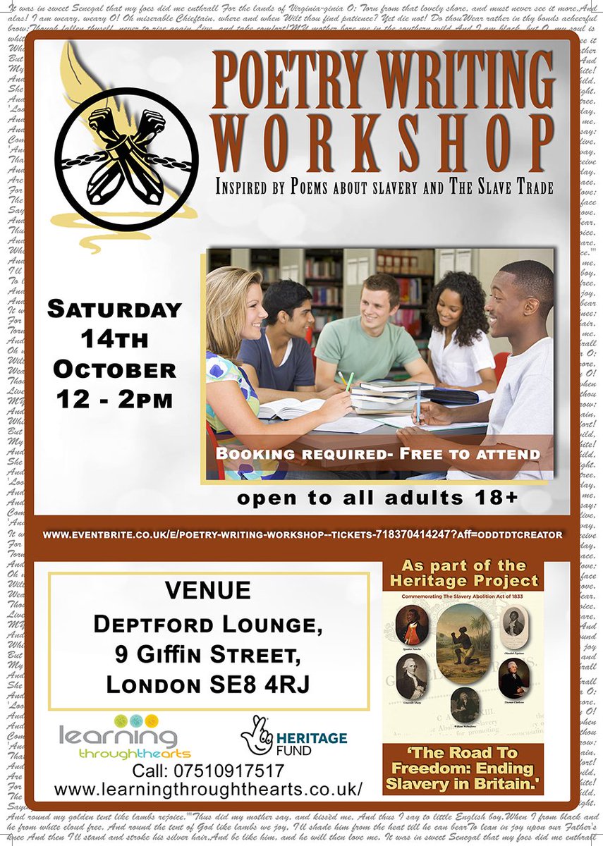 Learning Through The Arts (@learnltta) on Twitter photo We are excited to announced our poetry writing workshop✒️ in <a href="/DeptfordLounge/">Deptford Lounge</a>
It is an exciting opportunity to explore poetry inspired by slavery and the slave trade.
#poetry #art#deptford #educate #slavery #writing #learning #slavetrade #important #history #stories #heritage We are excited to announced our poetry writing workshop✒️ in <a href="/DeptfordLounge/">Deptford Lounge</a>
It is an exciting opportunity to explore poetry inspired by slavery and the slave trade.
#poetry #art#deptford #educate #slavery #writing #learning #slavetrade #important #history #stories #heritage