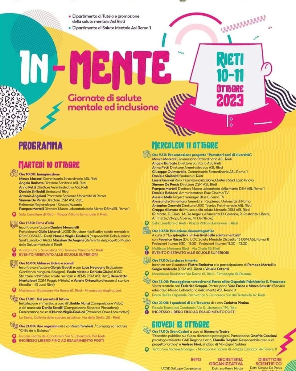 giornate di salute mentale e inclusione 10-12 ottobre Rieti
@AslRieti @ASLRoma1  @MuseoLabMente  👇