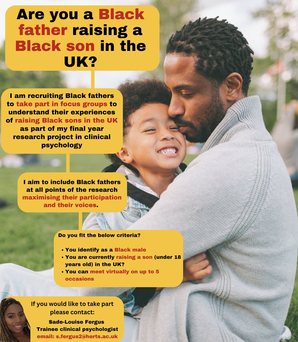 Hey guys, #Speakblackman is partnering with Trainee Clinical Psychologist Sade-Louise Fergus of the University of Hertfordshire to conduct a research on raising black sons in the UK. We are hoping to recruit Black fathers for this research project. @ShardsPsych