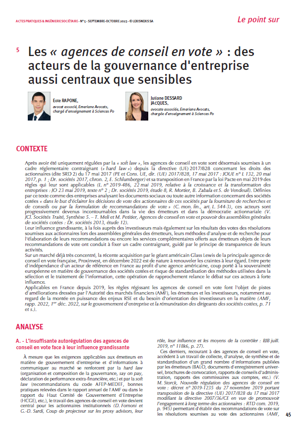 Emeriane_Law's tweet photo. [ARTICLE] Le point sur les #agences de conseil en vote, acteurs centraux de la #gouvernance des sociétés cotées 🎯

⁉️ Comment sont-elles encadrées ? Ce cadre est-il lacunaire ? 

↪️ Retrouvez notre article dans la revue Actes pratiques et ingénierie sociétaire (@LexisNexisFr) https://t.co/jxPvsuIdtT