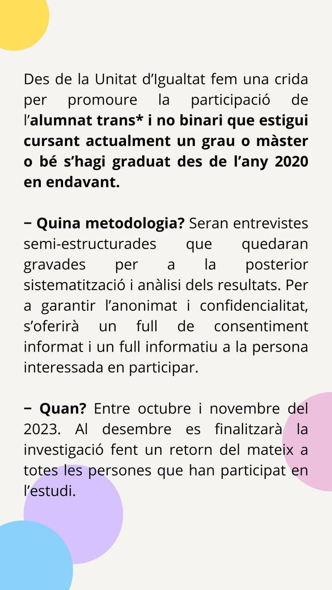 igualtatUB's tweet photo. #IgualtatUB | Vols participar en la investigació "Percepció de seguretat i visibilització de l’alumnat trans* i no binari a les Universitats Catalanes"?

🔗 Accedeix al qüestionari de participació: https://t.co/RFs4sQ4FsQ

🔵 Més informació a infoinvestigacio@gmail.com https://t.co/tjILTF0jAc