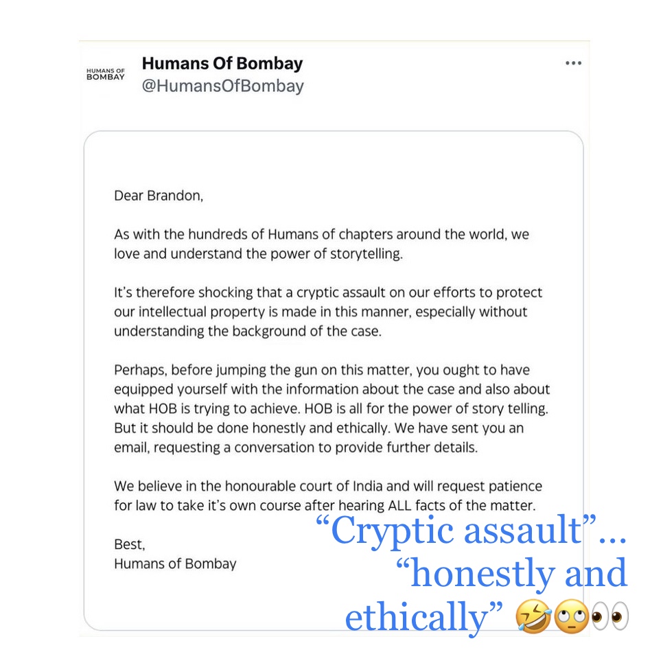 TaraKaushal's tweet photo. IT’S SO MUCH WORSE THAN BRANDON THINKS… @humansofbombay has taken his beautiful egalitarian humanitarian @humansofny ethos, then obliterated the artist &amp; the ethics, &amp; accepted paid promos from pogrom-promoting politicians, while masquerading as his beautiful ‘Humans of’… https://t.co/lj1URST3Nd