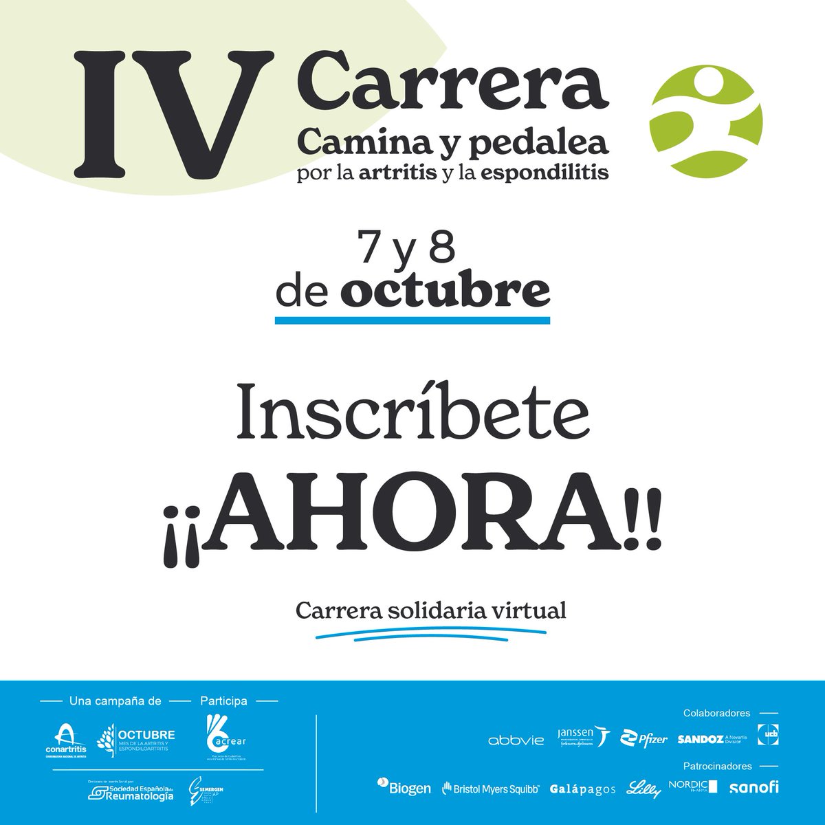 AcrearR's tweet photo. ¡Este año repetimos!
Los días 7 y 8 de octubre tendrá lugar la IV Carrera Camina y Pedalea por la Artritis y la Espondiloartritis.

Inscríbete en el siguiente link https://t.co/baXm9q68Mr para obtener tu dorsal

💚

#octAR23 #caminar23 #pedalea23 https://t.co/RAygoJTr7y