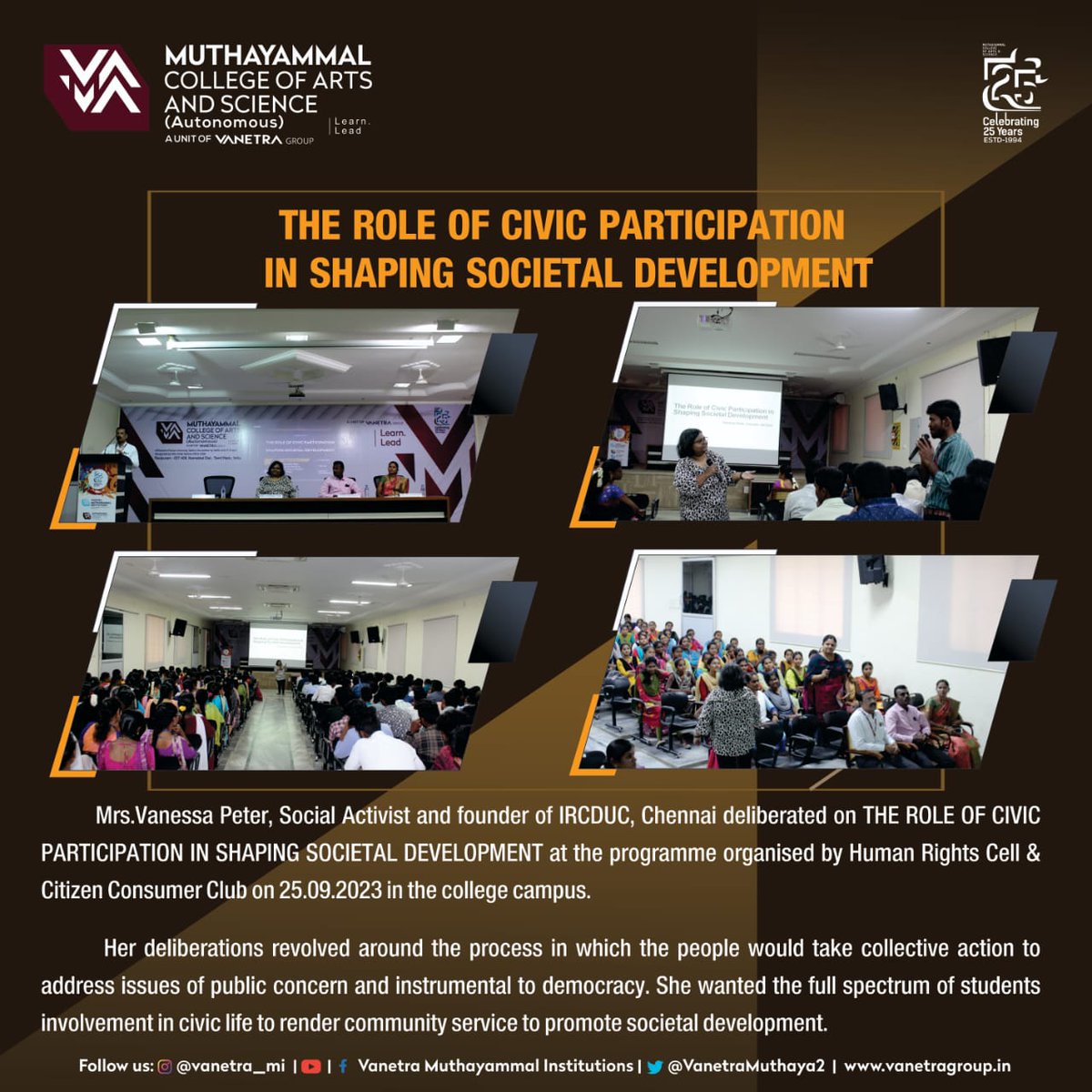 VanetraMuthaya2's tweet photo. Human Rights Cell &amp; Citizen Consumer Club of Muthayammal College of Arts and Science organizes "The Role of Civic Participation in Shaping Societal Development" on 25.09.2023

#humanrights #humanrightscell #CivicParticipation  #sociétal #SocietalDevelopment #societaldevelopment https://t.co/PIJp29SuPg