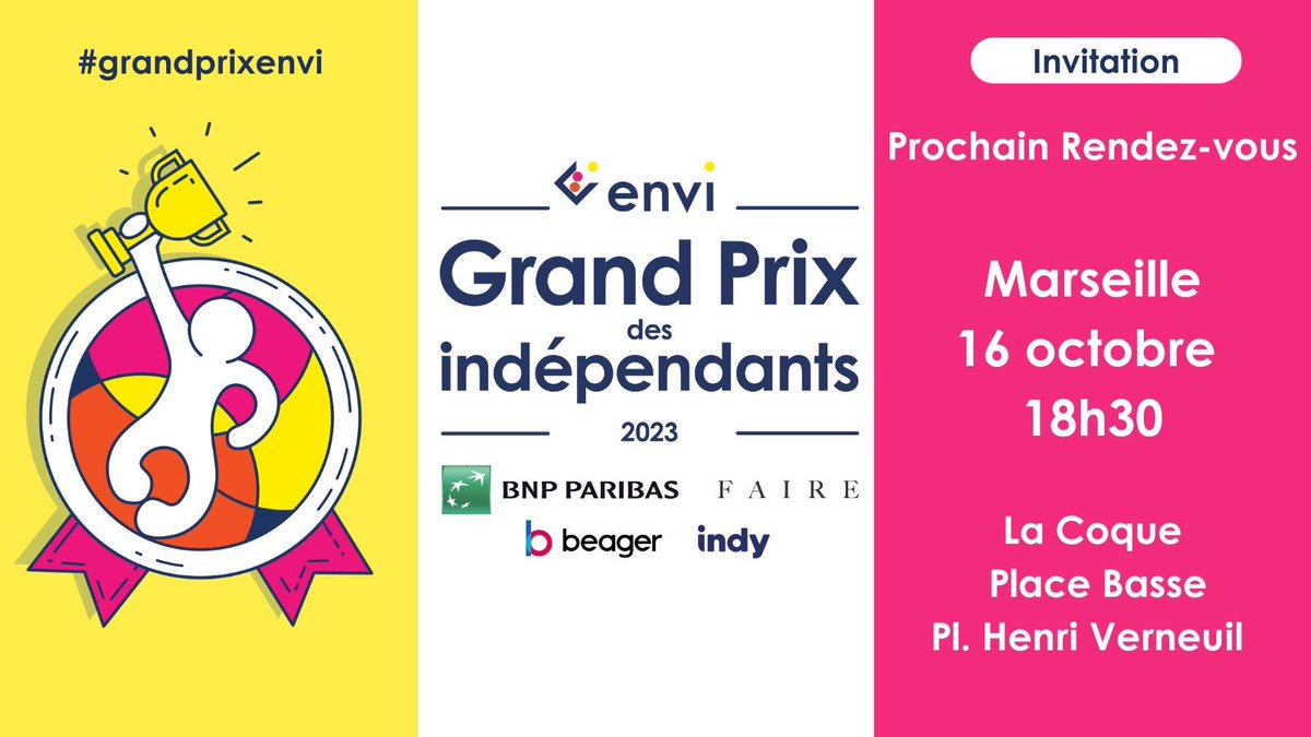 Qui veut gagner le grand prix des indépendants ?
C’est à Marseille le 16/10 <a href="/LaCoqueNumeriq/">LA COQUE</a> 
Candidatez : grandprixenvi.com
Les prix : visibilité sur les réseaux Envi, <a href="/bymaddyness/">Maddyness</a> <a href="/LaTribune/">La Tribune</a> <a href="/BNPParibas/">BNP Paribas Group</a> @indyteam_fr <a href="/beagertalents/">Beager</a>… &amp; un coaching business avec <a href="/cathbarba/">catherine barba</a> !
