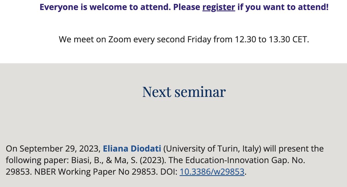 📢 #REGIS is back! We kick off with Elena Diodato from @unito 🇮🇹 who will discuss the @nberpubs paper by the great @BarbaraBiasi & @ProfSongMa on the #education-#innovation gap. 

🗓️ This Friday, Sep. 29 at 12.30 pm CET

regis.science