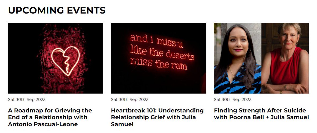 Endings raise grief, no matter the cause💔This Saturday is our mini-festival on grieving the end of a relationship <a href="/GoodGriefFest/">Good Grief Festival</a> 👇
goodgrieffest.com/events/

Featuring <a href="/poornabell/">Poorna Bell</a> #JuliaSamuel <a href="/LeselDawson/">Lesel Dawson</a> Prof Antonio Pascual-Leone <a href="/UWindsor/">University of Windsor</a> 
<a href="/BrisUniEvents/">Bristol Uni Events</a>