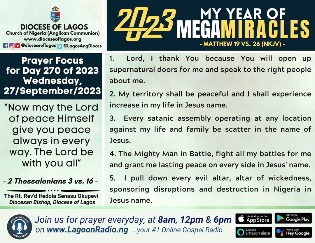 LagosAngDiocese's tweet photo. All glory be to God our King, who sits in the heavens and makes the earth His foot stool. He has looked so kindly upon you and your household and has put His seal upon you, separating you as His own.
#dioceseoflagos #prayercard #ifeokupevi #prayers #prayerfortheday #MegaMiracles https://t.co/xoAPrj7Kfx