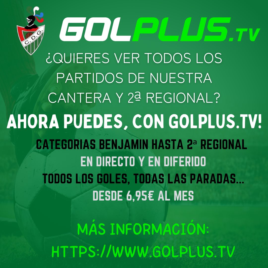 📺 ¿Quieres ver todos los partidos de nuestra cantera y 2ª Regional que jueguen en el Pilar? 

🎦 Ahora puedes! Con <a href="/golplustv/">GOLPLUS TV</a> 

ℹ️ Entra en golplus.tv 

#CanteraCDG