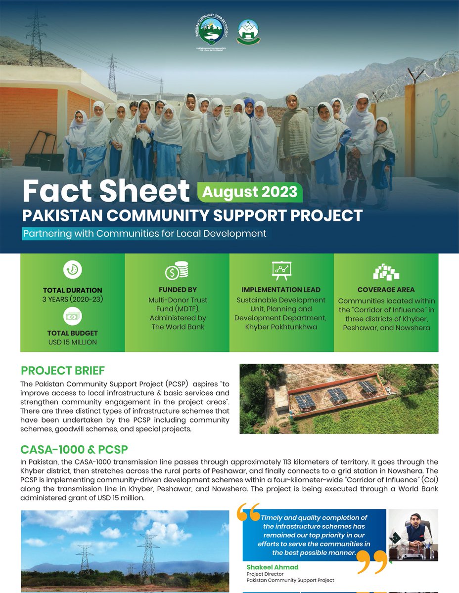 PCSPKpGovt's tweet photo. The Pakistan Community Support Project factsheet gives you all the essential facts about the project in a concise and consolidated manner. Read it to get an overview of the project's background, key components, main activities and development results.
#PCSPImpact https://t.co/erJ0vKHVLX