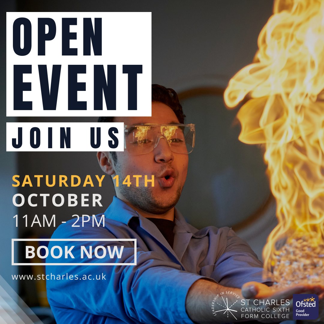 Mark the Date: Saturday 14th October, 11AM. We're gearing up for our Big Open Event of the year for entry in 2024! Book Your Place today via our website. #wearestcc #stcharles #sixthformcollege #westlondon #college #entry2024 #alevels #btecs #tlevels