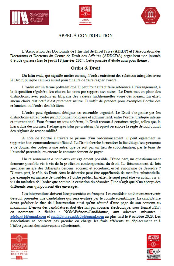 Loic Pelissier (@loic_pelissier) on Twitter photo Appel à contribution "Ordre et Droit"
Merci à l'<a href="/ADIDP_UT1/">Association des doctorants de l'IDP</a> et à l'@ADDCDAUT1 d'organiser ce colloque
<a href="/UTCapitole/">Université Toulouse Capitole</a> Appel à contribution "Ordre et Droit"
Merci à l'<a href="/ADIDP_UT1/">Association des doctorants de l'IDP</a> et à l'@ADDCDAUT1 d'organiser ce colloque
<a href="/UTCapitole/">Université Toulouse Capitole</a>