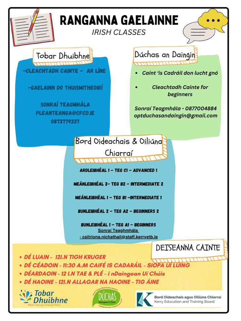 TDhuibhne's tweet photo. Ualach deiseanna i gCorca Dhuibhne / So many opportunities in Corca Dhuibhne to improve your Irish. Scaip an scéal inniu! #SeoÍAnGhaeltacht 

Amárach sa Díseart idir 10-1 don measúnú TEG! Ranganna foirmeálta / formal classes. https://t.co/atVzvkzvvV