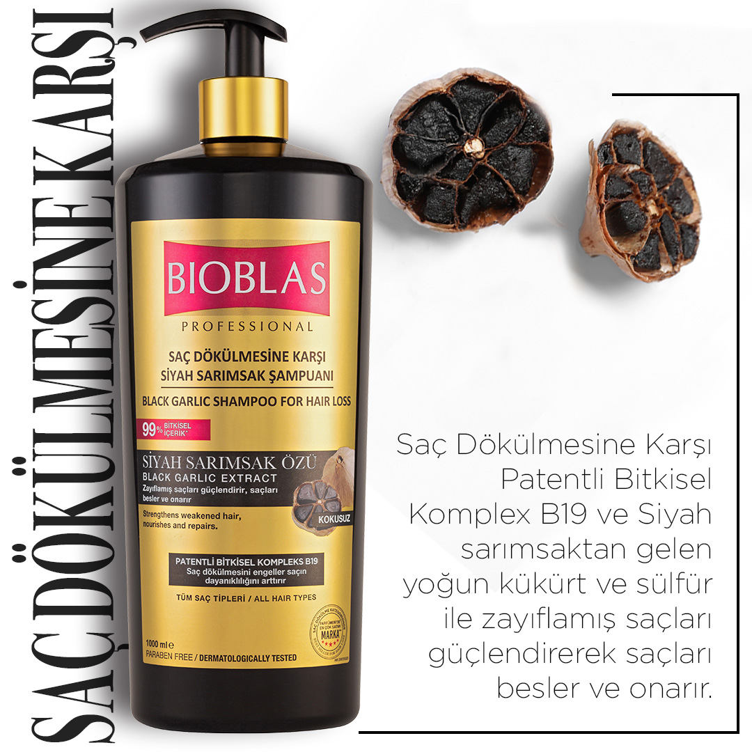 Bioblas Siyah Sarımsak Özü Şampuanı 🌱💪saçlarını doğal güçle yeniliyor! %99 bitkisel içerikle saç yapılanmasını desteklerken, 🧪 zengin sülfür, vitamin ve aminoasit içeriğiyle kapsamlı bakım sunar. 🌟 Saç dökülmesine karşı etkili mücadelesi ile saçlarını güçlendirir! 🔥