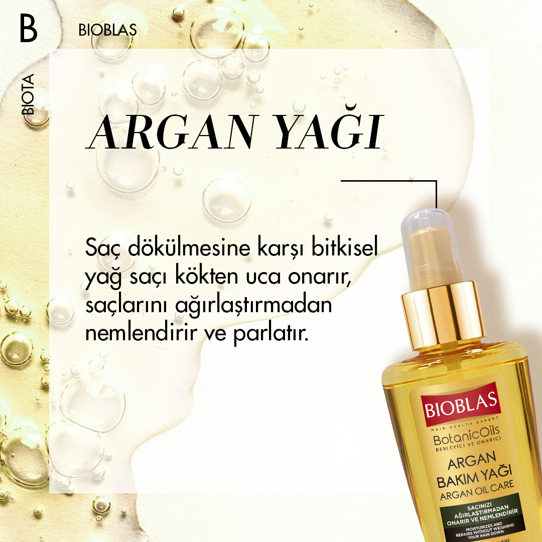 Saçların için doğal bir mucize: Organik argan yağı! Saçları hem onarıyor hem de pürüzsüzleştiriyor. Bioblas Argan Bakım Yağı sayesinde saçların artık daha parlak ve bakımlı görünecek! 🌟🌿