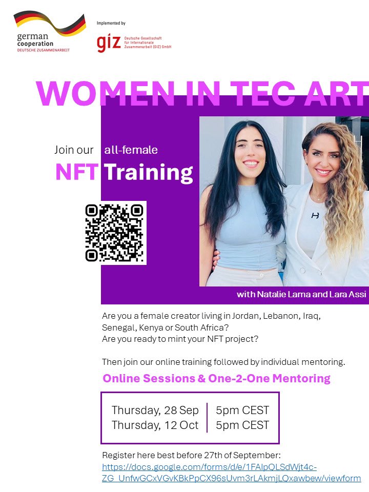 Last day to register! Please ping any female artist that is interested but equally intimidated by NFTs!
🇱🇧🇯🇴🇰🇪🇮🇶🇿🇦🇸🇳 #nfttraining #nftart #web3 <a href="/Daliilama1/">Natalie</a>