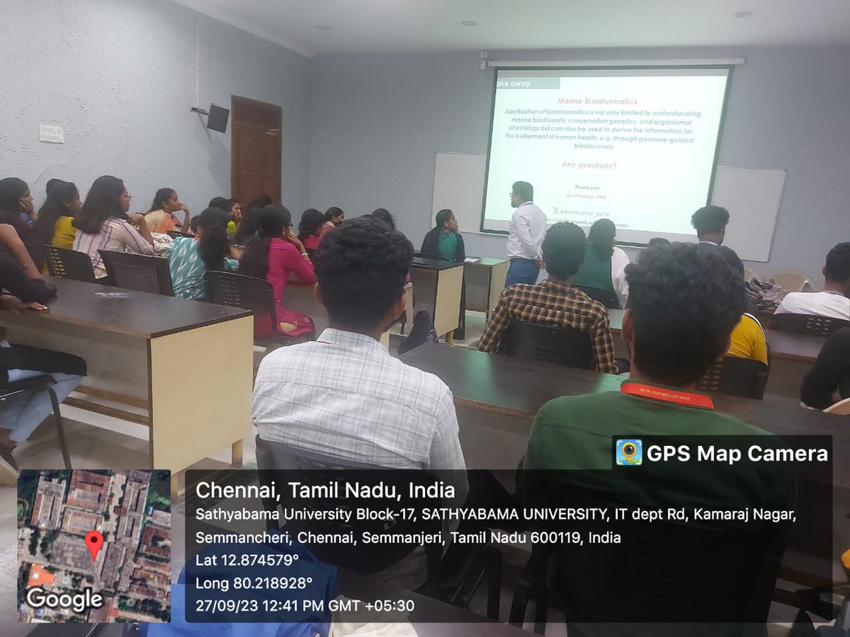 AmitKumar_ak14's tweet photo. Taught #MarineBioinfomatics in a combined class for BSc and MSc Bioinformatics. Shared outcomes of our own research work in the field of #DNATaxonomy #Phylogeny #MicrobialGenomics @Prakash_caridea. It was fun to interact with the students @SathyabamaSIST https://t.co/H3mDijvlBl
