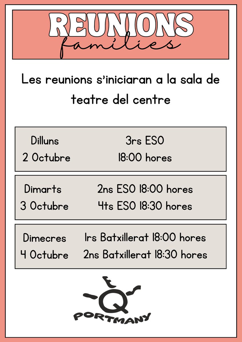 Reunions de famílies amb caps d'estudis i tutors. Us esperem!!

Reuniones de familias con jefes de estudios y tutores. Os esperamos!!