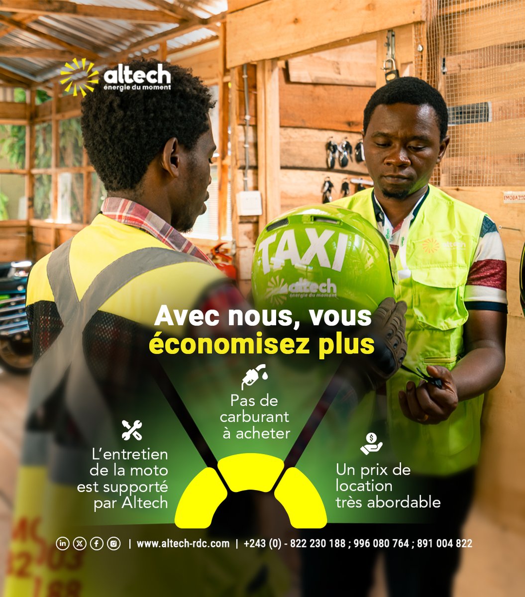 Avec Altech-bike, vous économiserez plus⚡️

➡️Pas de carburant à acheter
➡️L’ entretien de la moto est supporté par Altech
➡️Un prix de location très abordable

#energiedumoment #energierenouvelable #emobilité #altechrdc #DRC