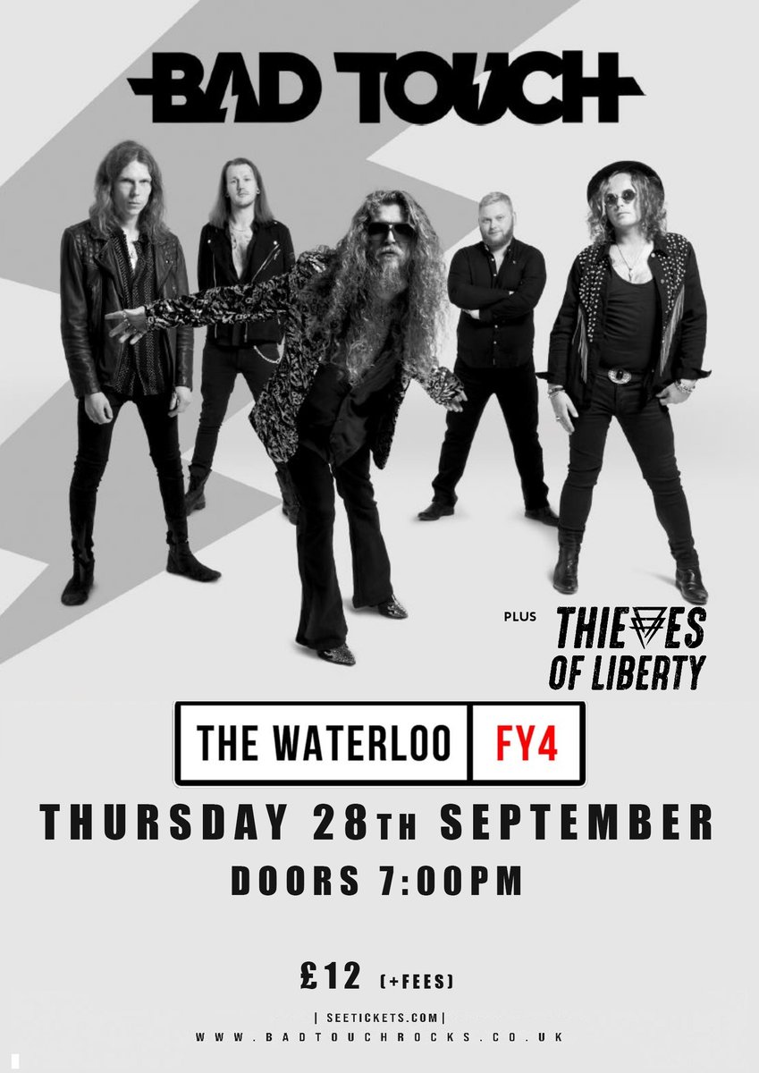 TMRMusicUK's tweet image. TOMORROW NIGHT (Thursday) #BadTouch @badtouchrocksuk return to BLACKPOOL for a scintillating night of high-class rock n roll. Joined by @ThievesLiberty 

seetickets.com/event/bad-touc…

@TheWaterloo_BPL
