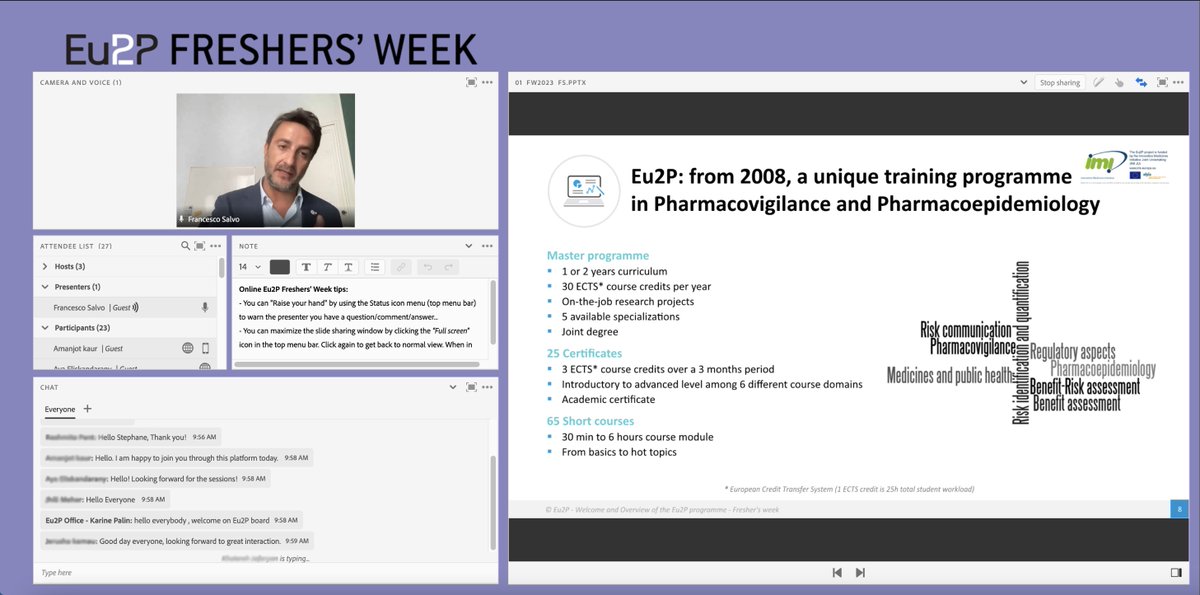 Eu2P's tweet photo. #Eu2PFW The Eu2P Fresher's week starts with @CiccioSalvo33 presenting our unique training programmes in #Pharmacovigilance and #PharmEpi 
@SanteCollege @univbordeaux_EN @UABBarcelona @uniofhertslms @erasmusmcintl @UMCU_Intl @unicampania https://t.co/b7mDus3ZRQ
