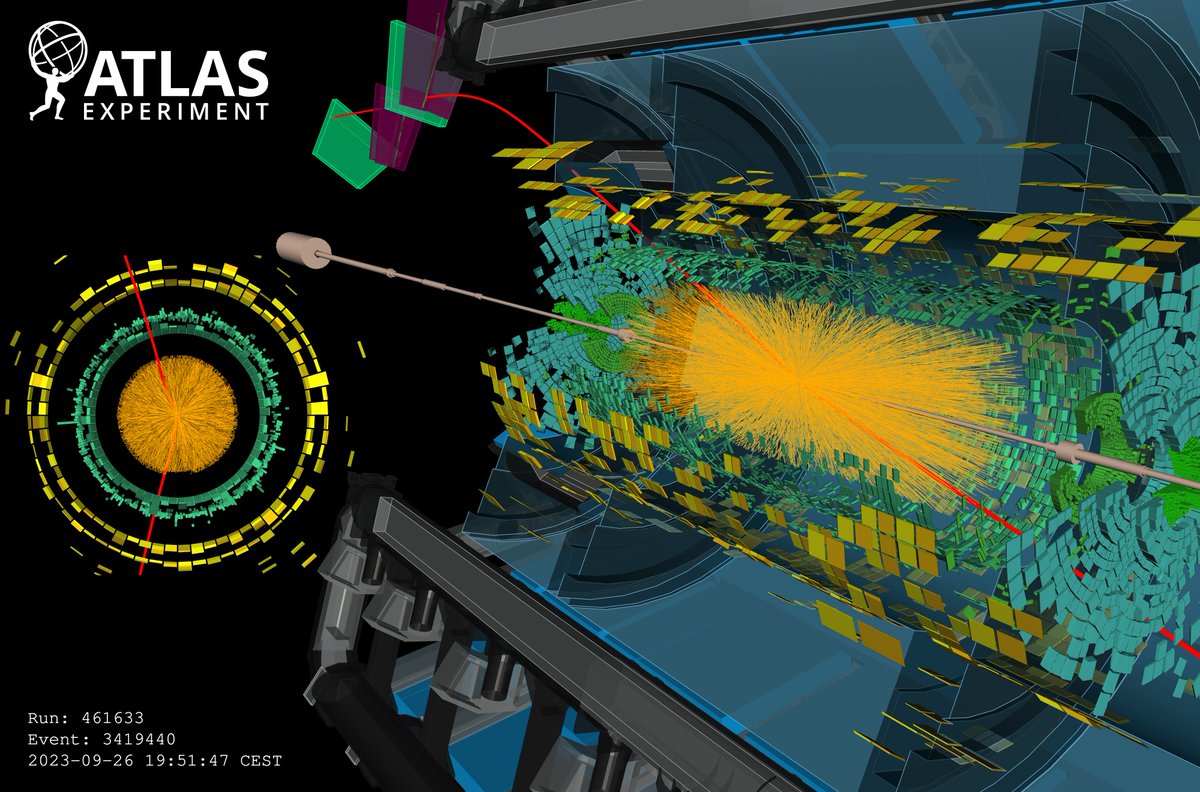 ATLASexperiment's tweet photo. Heavy ions arrive in the ATLAS Experiment! 🎆⁠ 

Last night, the Large Hadron Collider at @CERN collided lead ions at a centre-of-mass energy per nucleon pair of 5.36 TeV. Take a look at these first event displays of the collisions. https://t.co/gScCs0tPR7