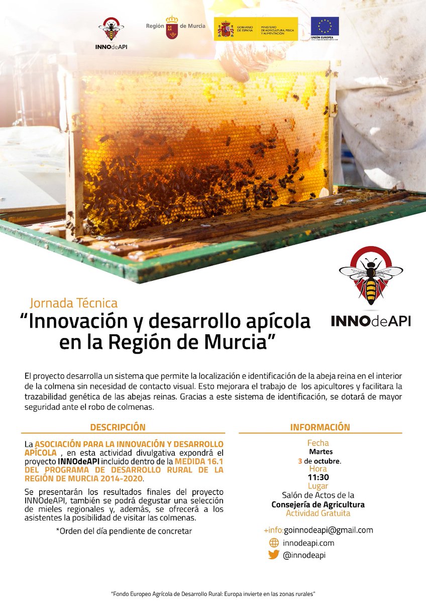 innodeapi's tweet photo. Conoce al GO @innodeapi en la próxima jornada de divulgación, que se realizará en el salón de actos de la Consejería de agricultura (@RM_Agua )

Ven el próximo martes 3 de octubre🗓️, a las 11:30⏰

Actividad gratuita con degustación de mieles locales🍯🐝👑. @Agrinnova1 https://t.co/BcSs0QmGM8