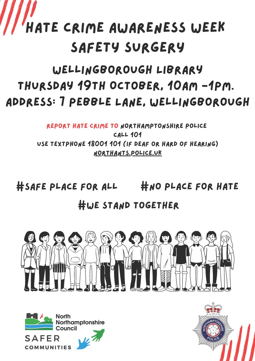 SaferCorby's tweet photo. Join @WboroPolice  for Hate Crime Awareness Week! Attend their Safety Surgery at  Wellingborough Library on Thursday 19th October from 10AM-1PM.
Stand together against hate with #safeplaceforall &amp; #westandtogether.
🌍🚫❌🙌 @NorthantsPolice @NNorthantsC https://t.co/d7E5hIrxJZ