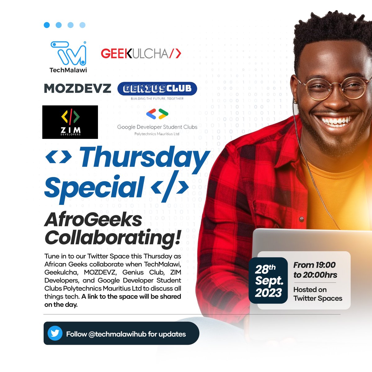I am happy to share that @techmalawihub is collaborating with @Geekulcha, @ZimDevelopers, @MozDevz, Genius Club & Google Developers Student Club from Mauritius. This is the start of so many collaborations we have this year. Join us tomorrow. Link to set a reminder: