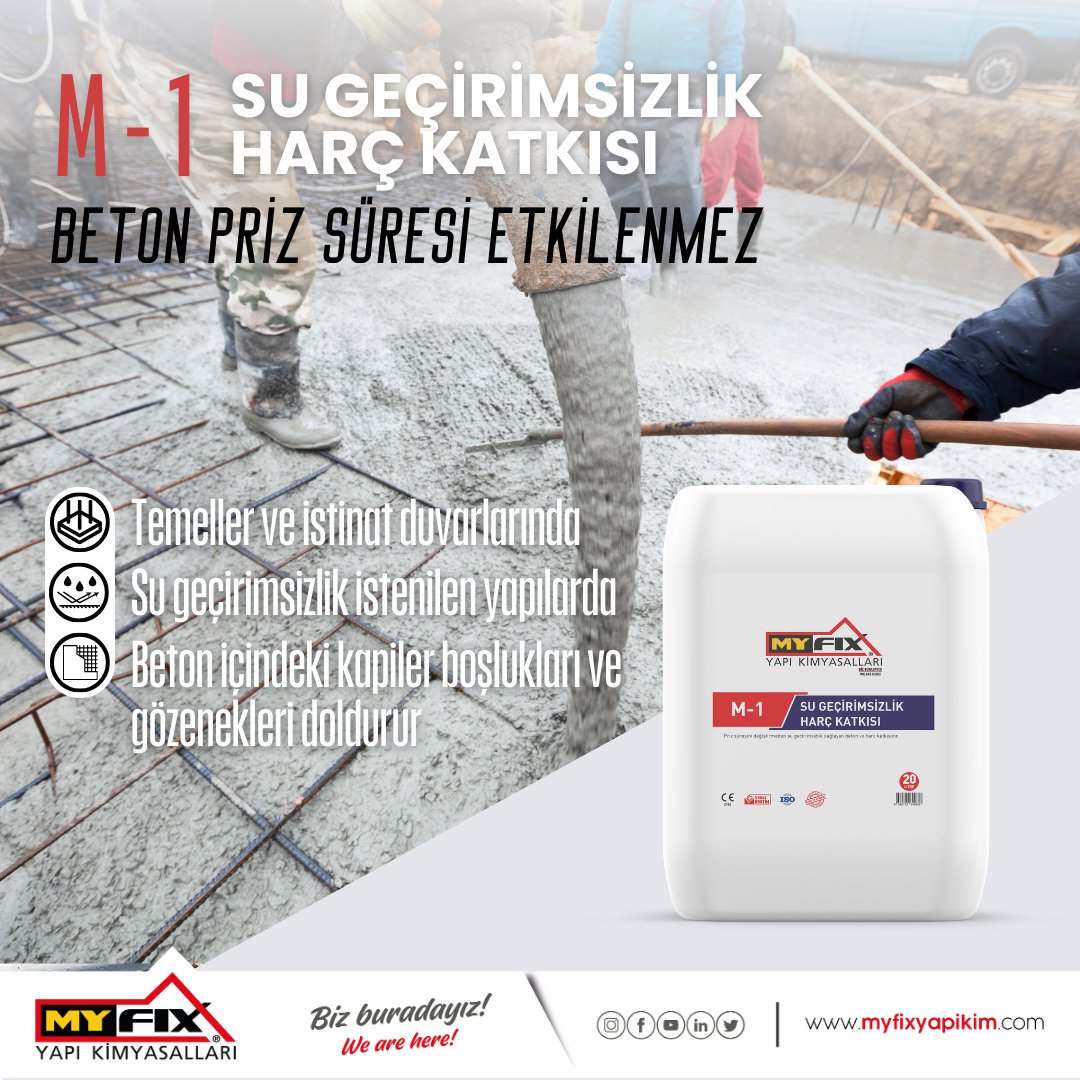 M-1 / SU GEÇİRİMSİZLİK HARÇ KATKISI Priz süresini değiştirmeden su geçirmezlik sağlayan beton ve harç katkısıdır. Detaylı bilgi; myfixyapikim.com/tr/product-det… #yapıkimyasalları #betonkatkıları #harçkatkısı #sugeçirimsiz #bizburadayız #constructionchemicals