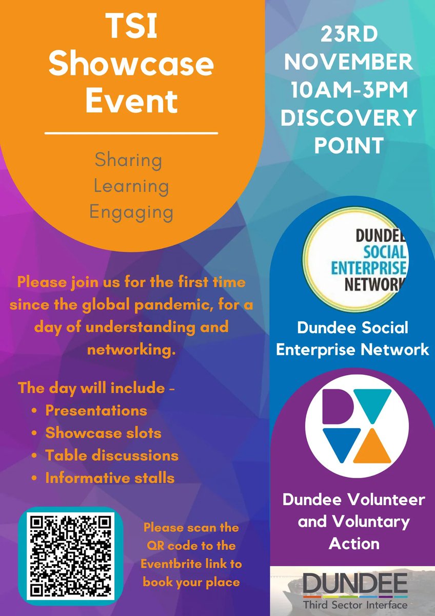 Book your place at the TSI Showcase Event in November. We will be showcasing the work  of DVVA &amp; Dundee Social Enterprise Network &amp; featuring subjects relevant to #DundeeThirdSector.

Lunch is provided

buff.ly/3OUt0Yu

#DVVA #DundeeTSI #DundeeNonprofits #DundeeCharities