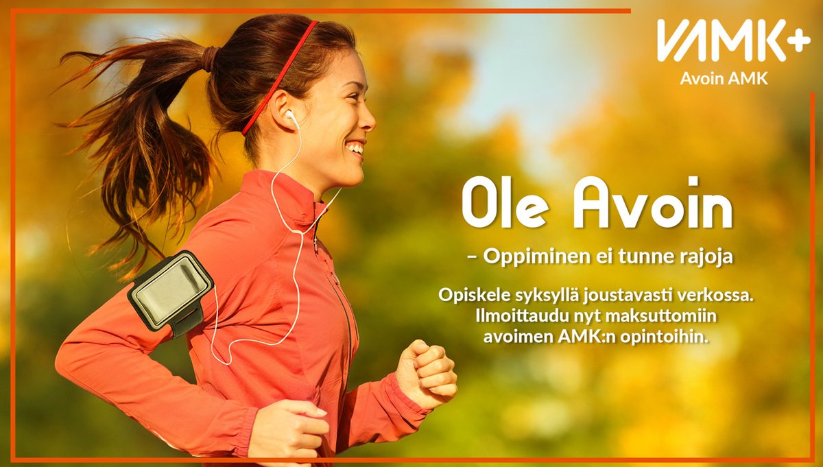 VAMKtweets's tweet photo. VAMKin avoimen AMK:n opintotarjonta odottaa nyt sinua, olitpa sitten urasi alkutaipaleella tai haluat päivittää osaamistasi!
Tutustu monipuoliseen opintotarjontaamme verkkosivuillamme ja ilmoittaudu mukaan nyt! https://t.co/hCrngCT8Va
#vamk #avoinamk #jatkuvaoppiminen https://t.co/s4M36oZeyF
