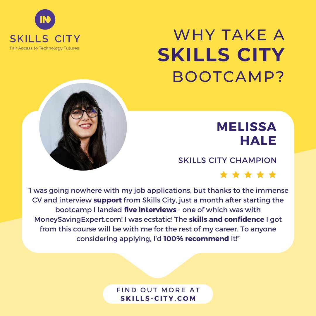 🌟 Unlocking Golden Opportunities with Skills City! 🚀 Meet Melissa Hale, whose career took an incredible turn thanks to one of Skills City's bootcamps. Ready to transform your career? Sign up today: skills-city.com/skills-bootcam… #SkillsCitySuccess