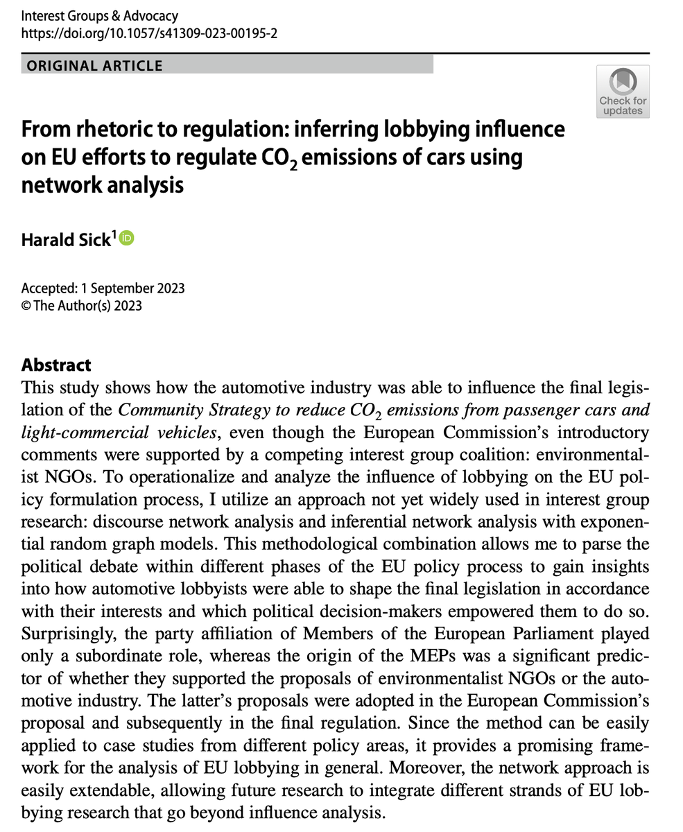 Harald Sick (@haraldsic) on Twitter photo π’π’ New open access article just out in <a href="/IGA_journal/">Interest Groups & Advocacy</a> π’π’ "From rhetoric to regulation: inferring lobbying influence on EU efforts to regulate CO2 emissions of cars using network analysis" link.springer.com/article/10.105β¦ π’π’ New open access article just out in <a href="/IGA_journal/">Interest Groups & Advocacy</a> π’π’ "From rhetoric to regulation: inferring lobbying influence on EU efforts to regulate CO2 emissions of cars using network analysis" link.springer.com/article/10.105β¦