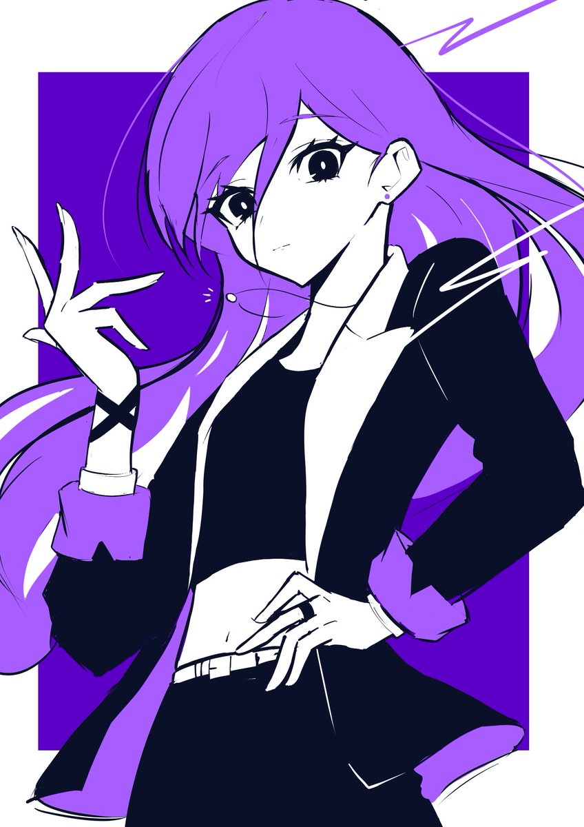 1girl solo long hair jewelry jacket purple hair looking at viewer  illustration images