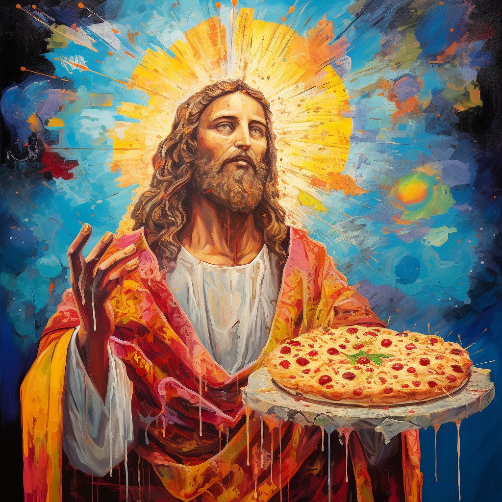 Cheesus Crust, painting the world with flavors and colors one slice at a time! 🍕🎨 #PizzaArt #Crustianity