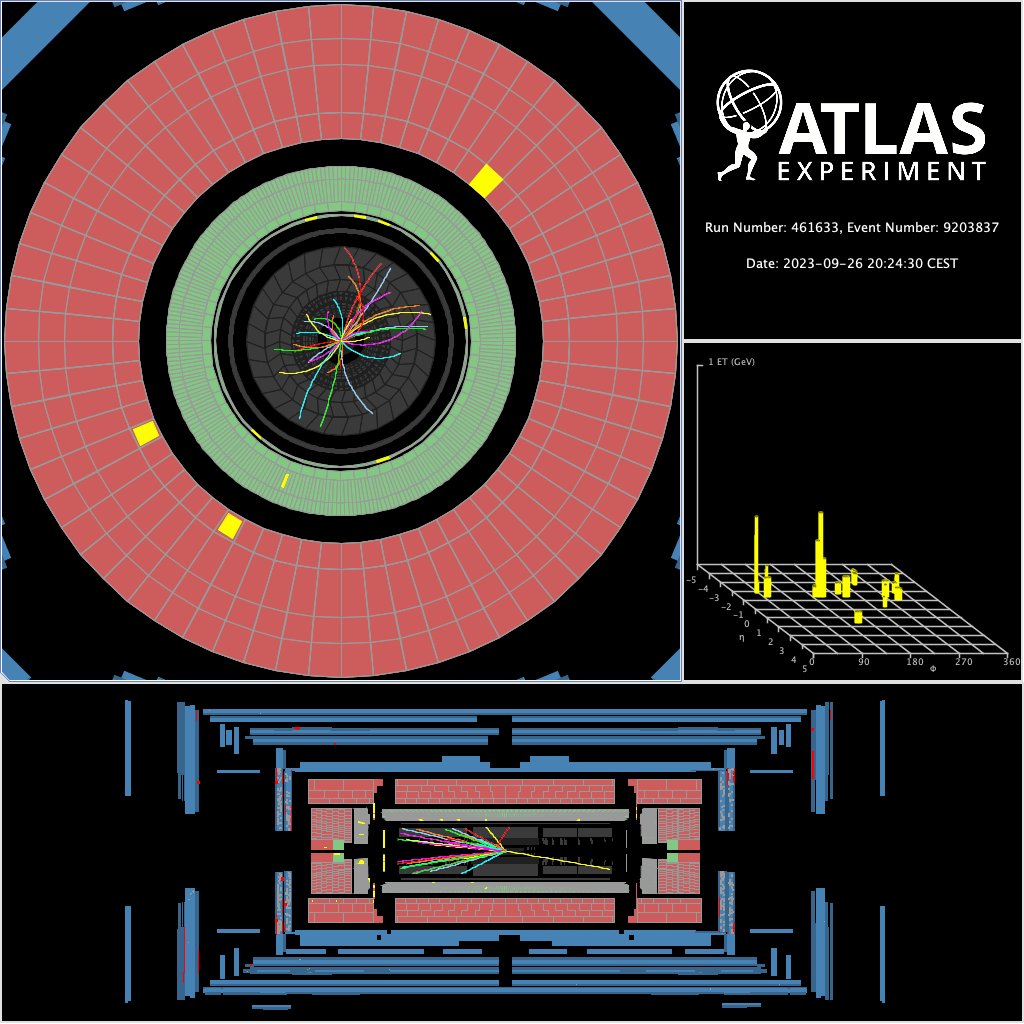 ATLASexperiment's tweet photo. @CERN Here's a view of an "ultraperipheral" heavy ion event also recorded last night. In these events, the two lead ion beams pass in close proximity, enabling their surrounding electromagnetic fields to interact with each other. ⚡️ https://t.co/8XNh6kf1Q4