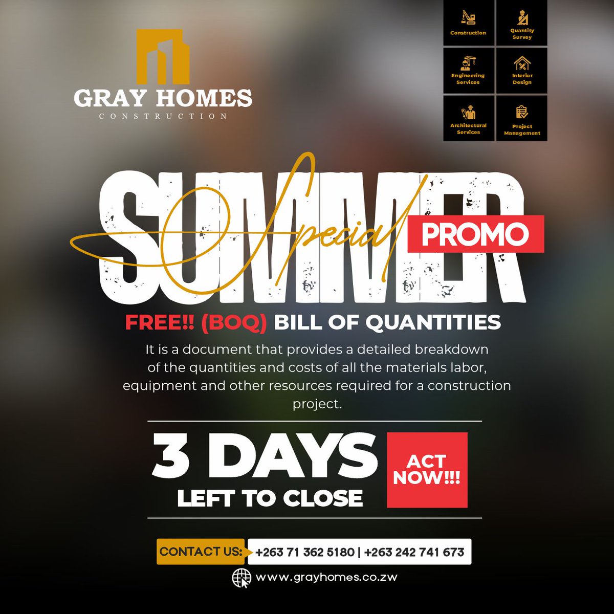 grayhomes2's tweet photo. SUMMER SPECIAL PROMO || FREE BOQ
3 DAYS LEFT TO CLOSE || ACT NOW!!!
#grayhomes #buildingdreams #befirstorbebetter #modernconstruction
Get in touch by simply sending a WhatsApp message:
Caroline: https://t.co/MwGPCxDVN5
Vimbai : https://t.co/3z3E3qIlqx https://t.co/83O5LD5kTf