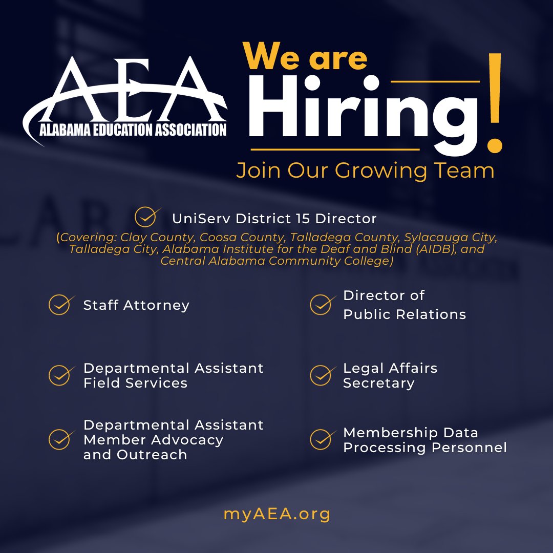 AEA has several fantastic job opportunities for individuals passionate about education advocacy in Alabama. Apply today to become a part of #TeamAEA! For more information, visit myaea.org/aea-job-postin….